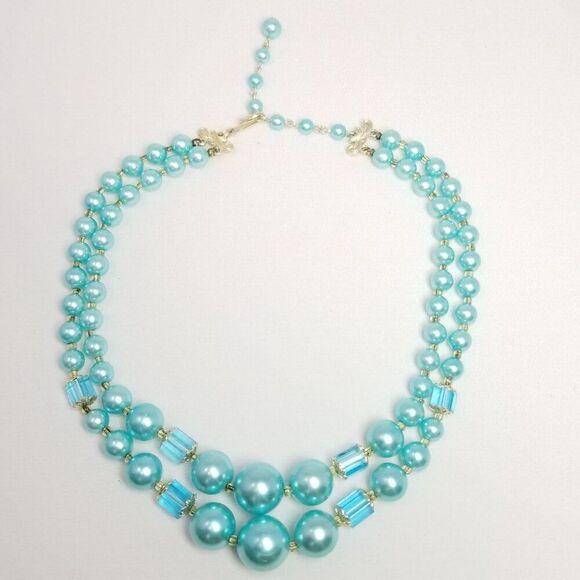 Vintage Blue Two Strand Beaded Necklace, Graduated Size Adjustable Clasp, Estate - Picture 2 of 7